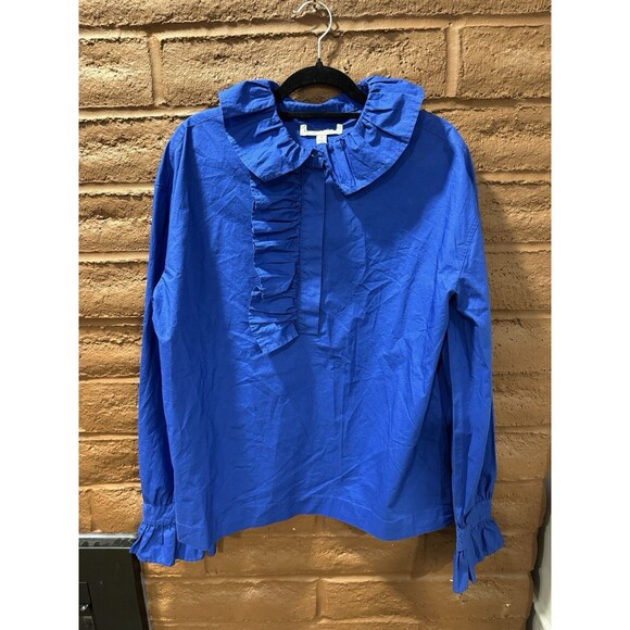 Banana Republic Women's Navy Blue Cotton Blouse with Ruffles and Buttons Small - Picture 1 of 6